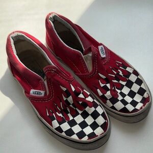 Vans Kids Slip-On Checkerboard Red Flame Sneakers Size 11.5 Black White